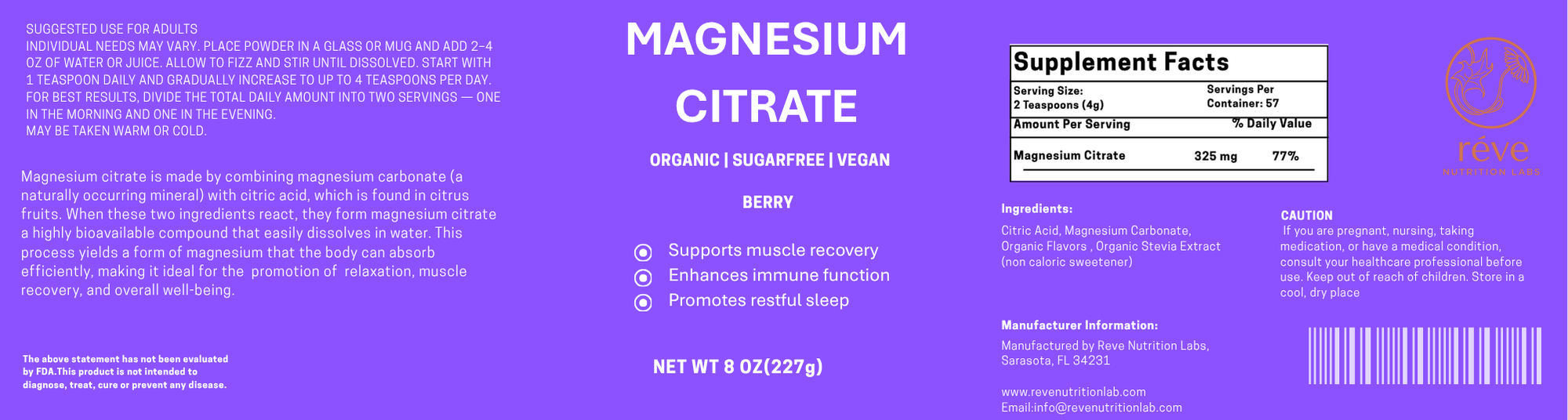 Berry Flavored Magnesium Citrate for strength, calm, and better sleep — the clean daily essential by Reve Nutrition Lab